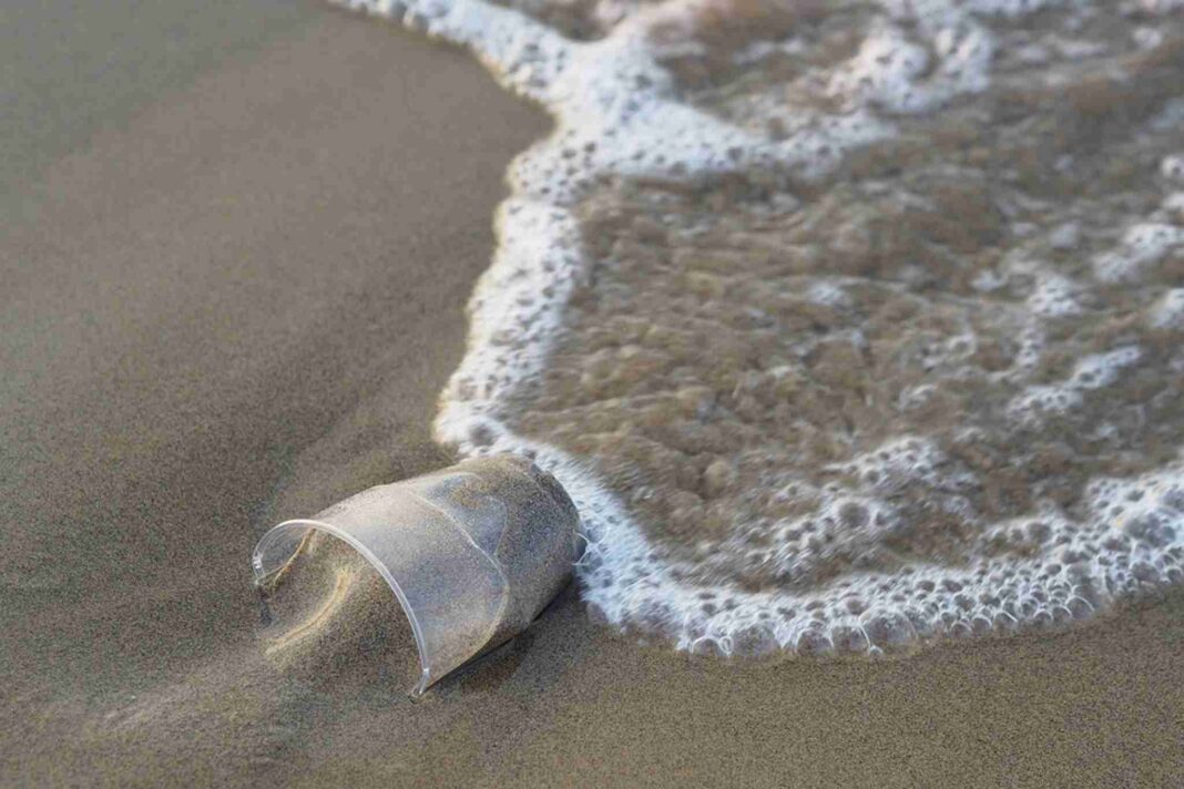 Un bicchiere di plastica lungo la spiaggia, Caorle, Comune Plastic Free
