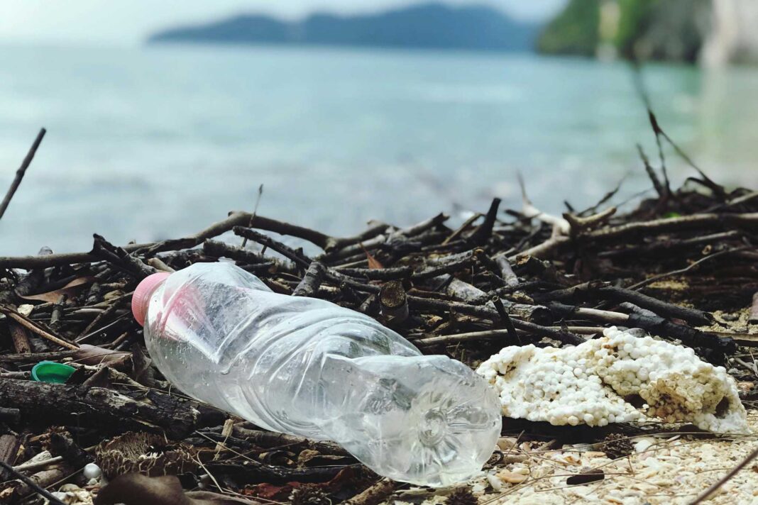 bottiglia di plastica in riva al mare